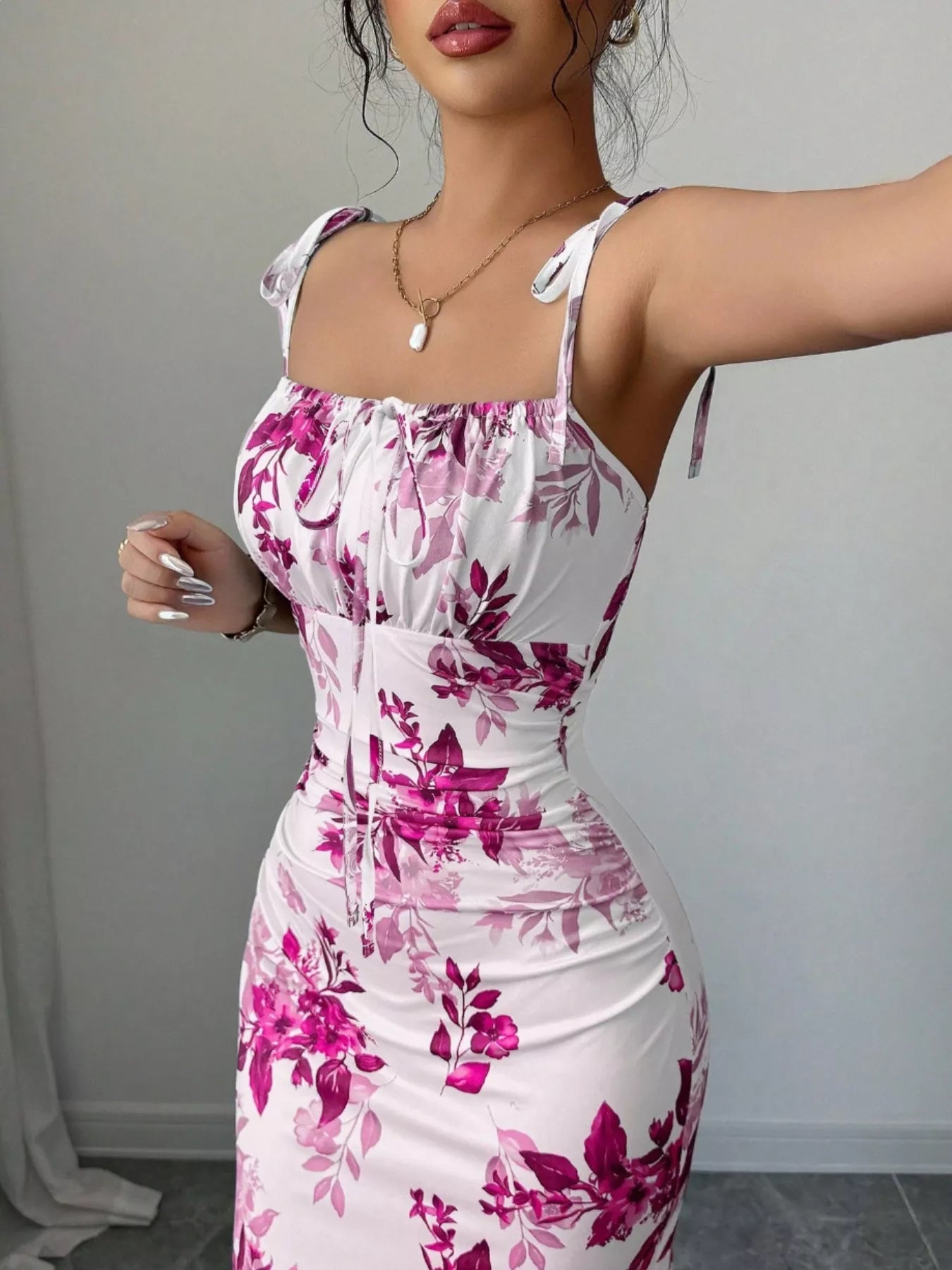 Printed Tie Strap Slit Maxi Dress  Shop One Place