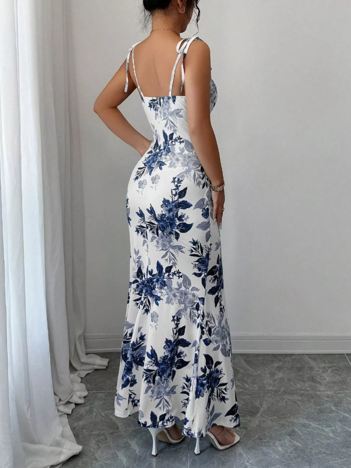 Printed Tie Strap Slit Maxi Dress  Shop One Place