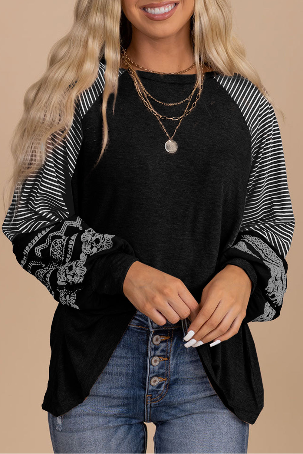 Contrast Print Striped Raglan Long Sleeve Loose Top  Shop One Place