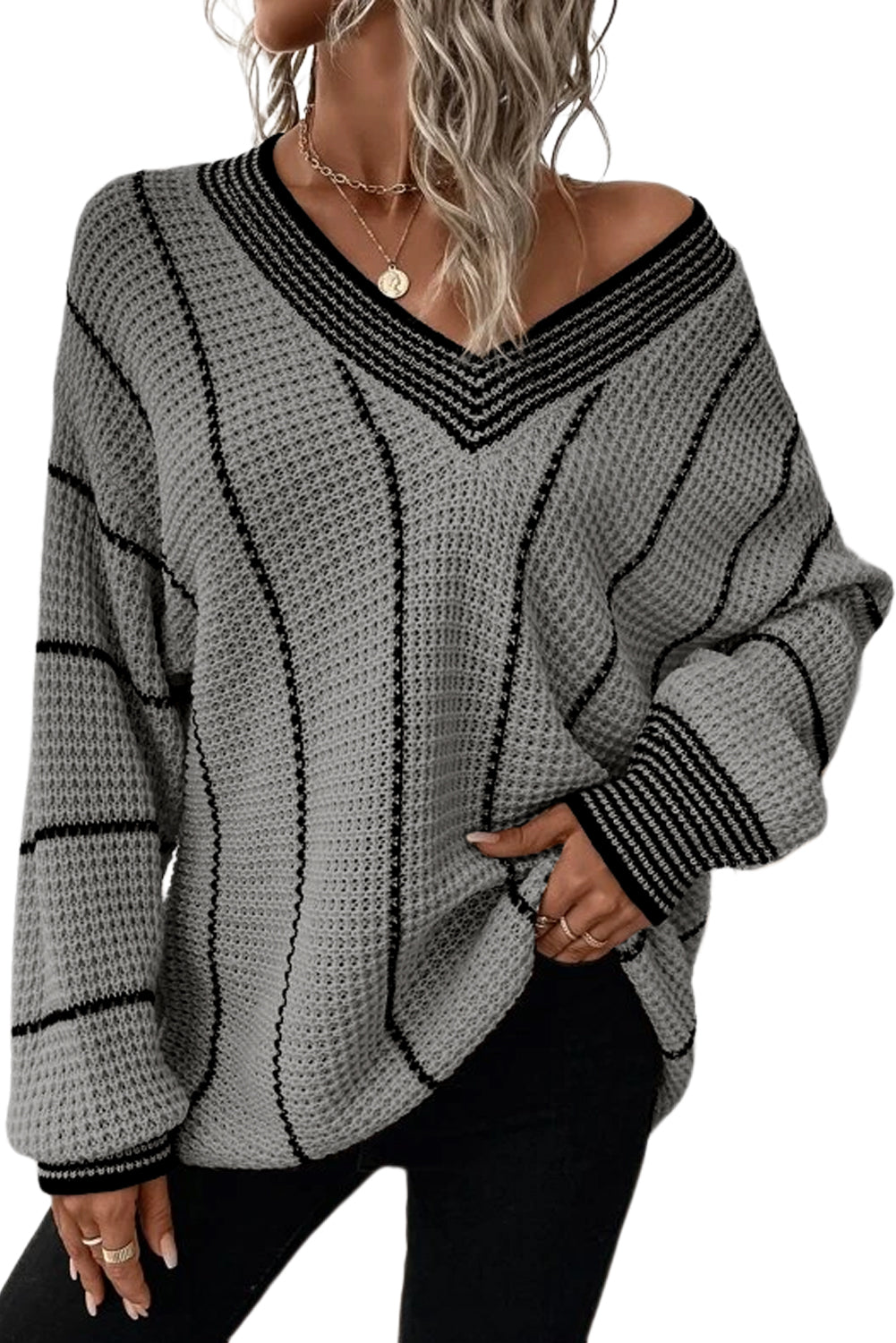 Gray Contrast V Neck Loose Tunic Sweater