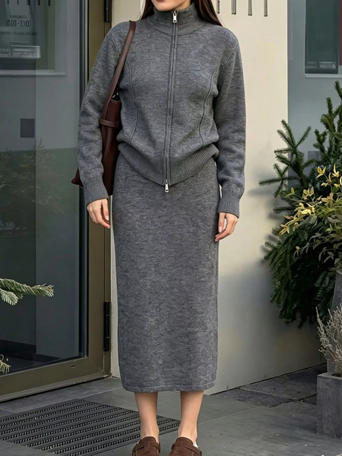 Zip-Up Mock Neck Cardigan and Matching Midi Skirt Sweater Set  Shop One Place