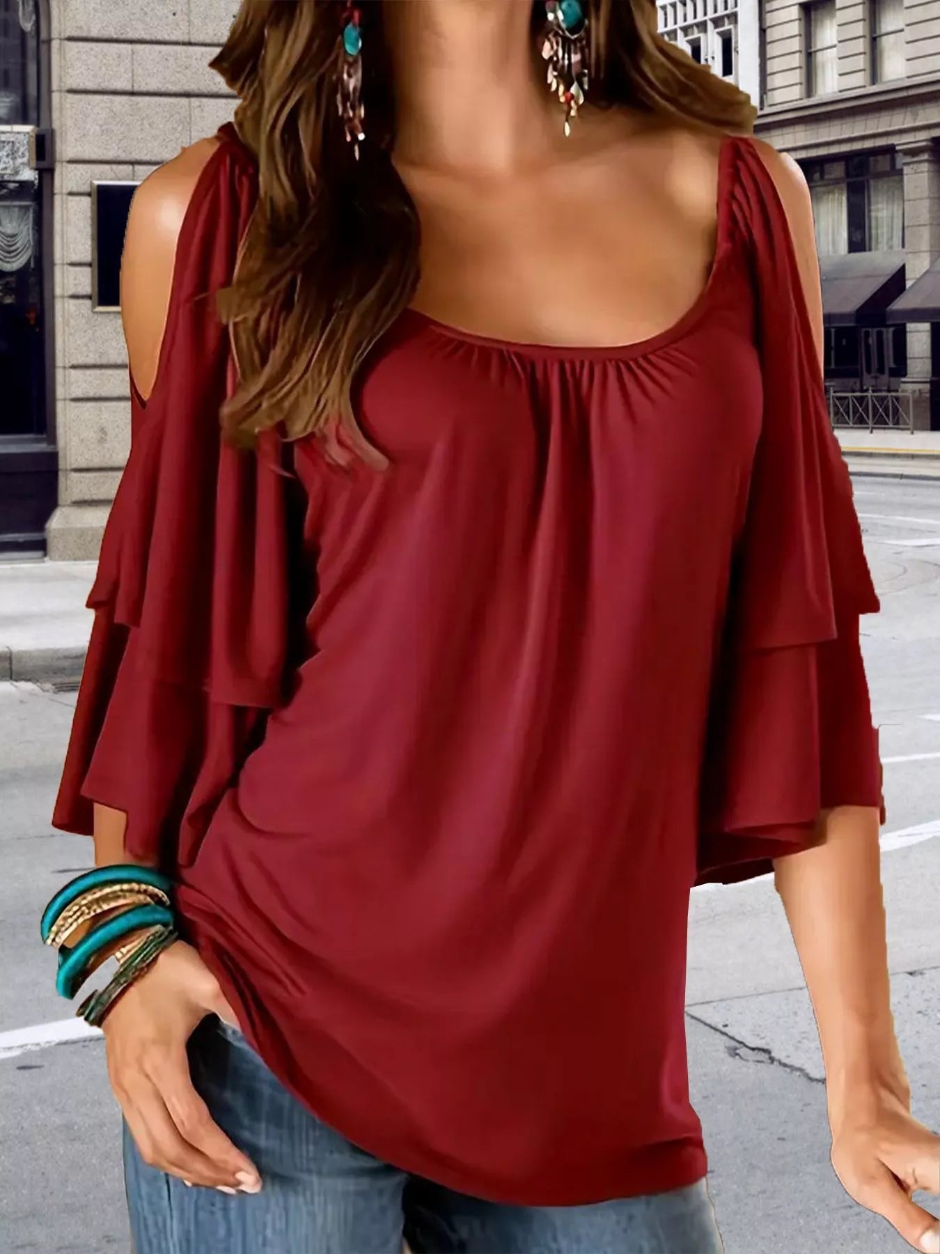 Cold Shoulder Ruffle Sleeve T-Shirt  Shop One Place