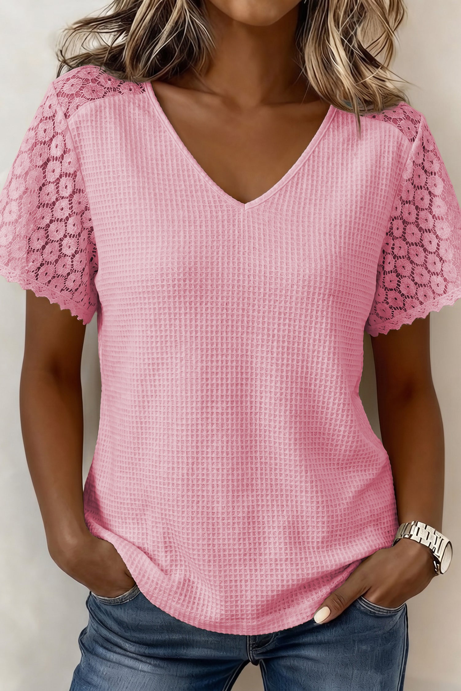Pink Lace Splicing Button Cutout V Neck Waffle Knit Blouse  Shop One Place