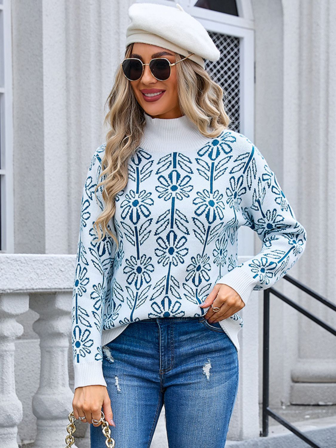 Angel Wings Flower Turtleneck Long Sleeve Sweater  Shop One Place