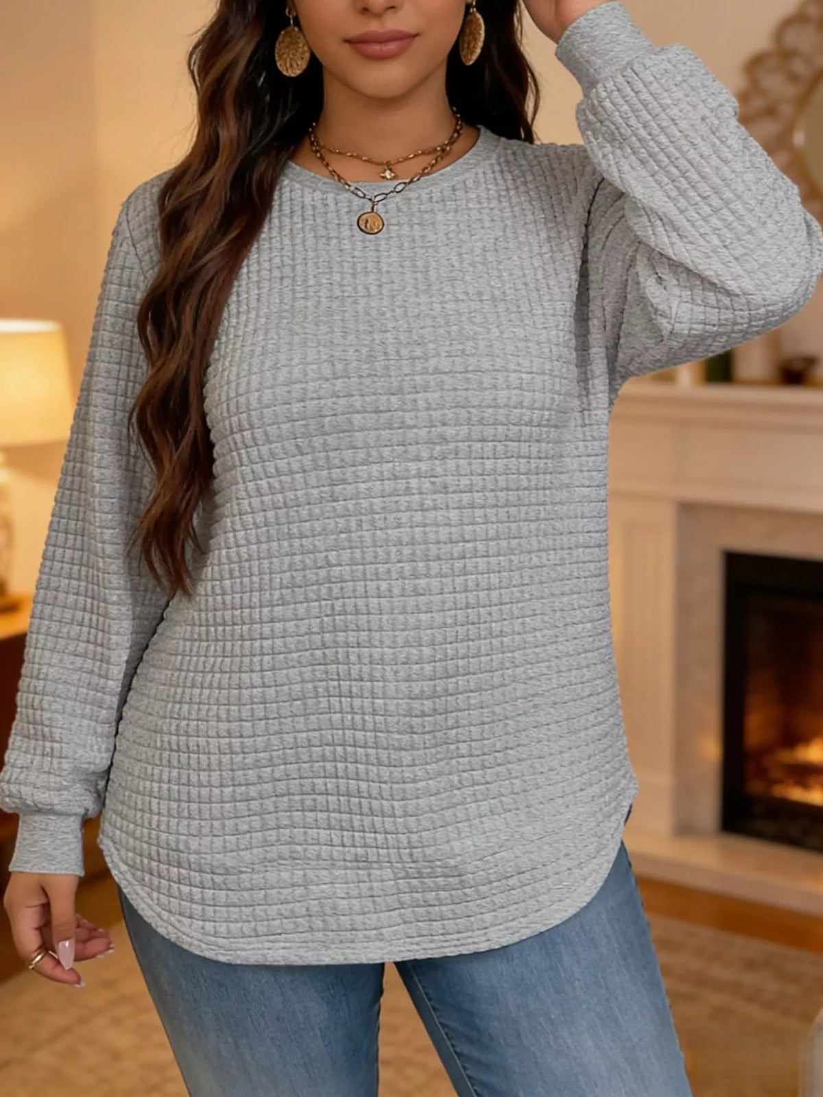 Women's Plus Size Waffle Knit Crew Neck Sweatshirt – view 16