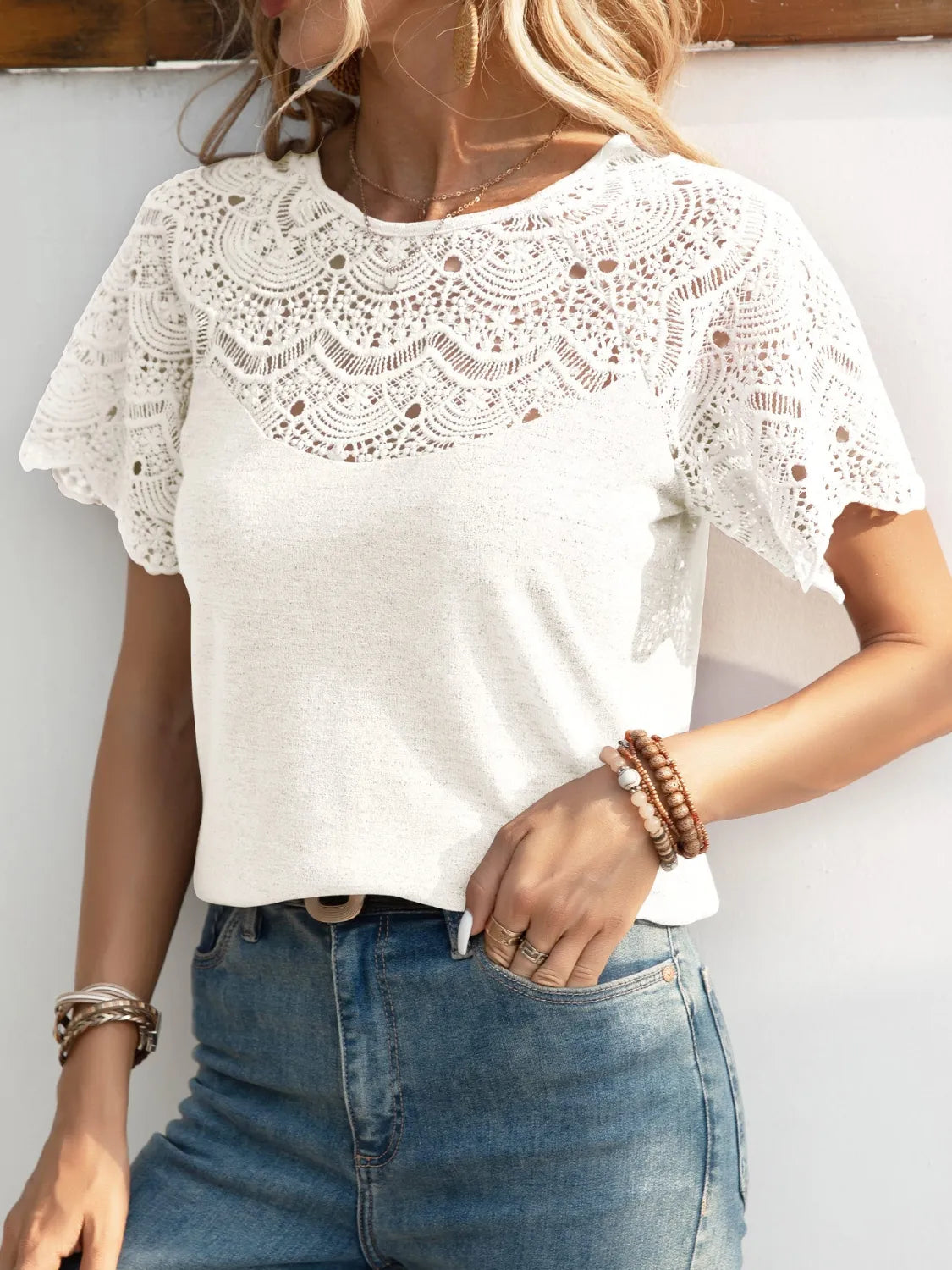Round Neck Short Sleeve Crochet Top  Shop One Place