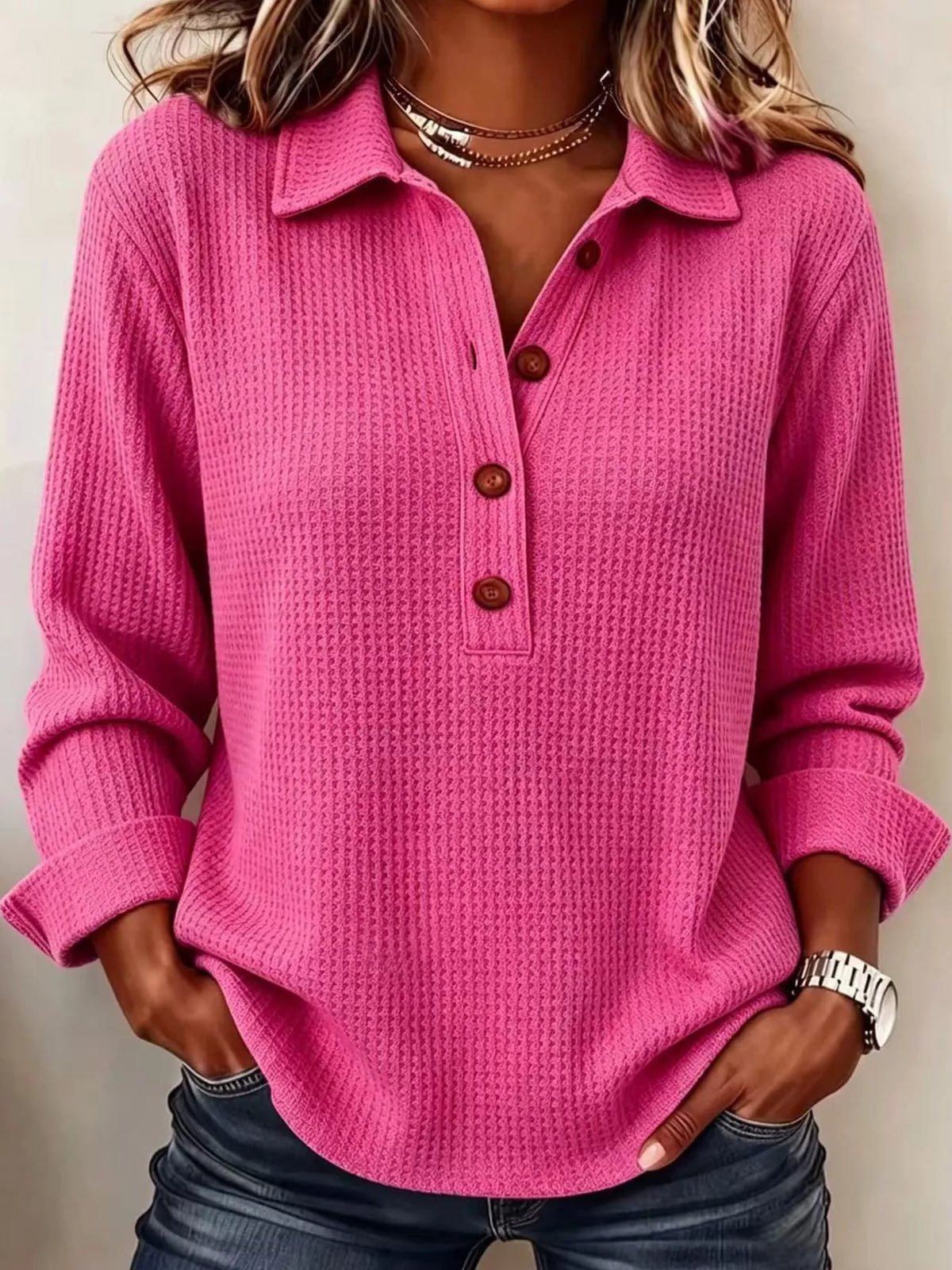 Women's Waffle Knit Long Sleeve Polo Top – view 24
