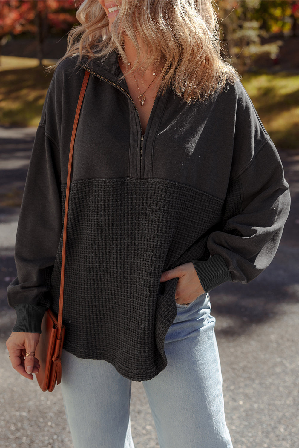 Carbon Grey Waffle Knit Patchwork Half Zipped Casual Sweatshirt  Shop One Place