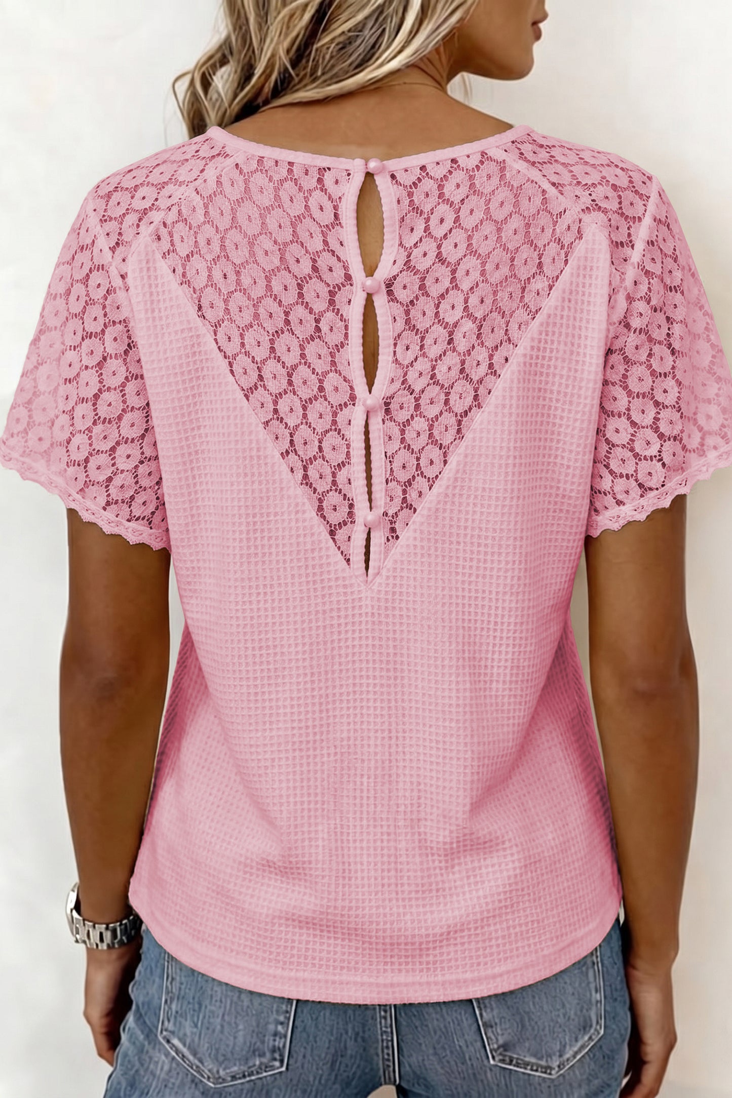 Pink Lace Splicing Button Cutout V Neck Waffle Knit Blouse  Shop One Place