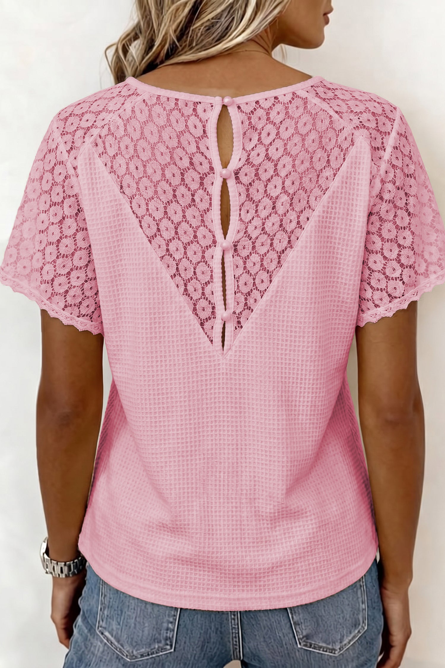 Pink Lace Splicing Button Cutout V Neck Waffle Knit Blouse  Shop One Place