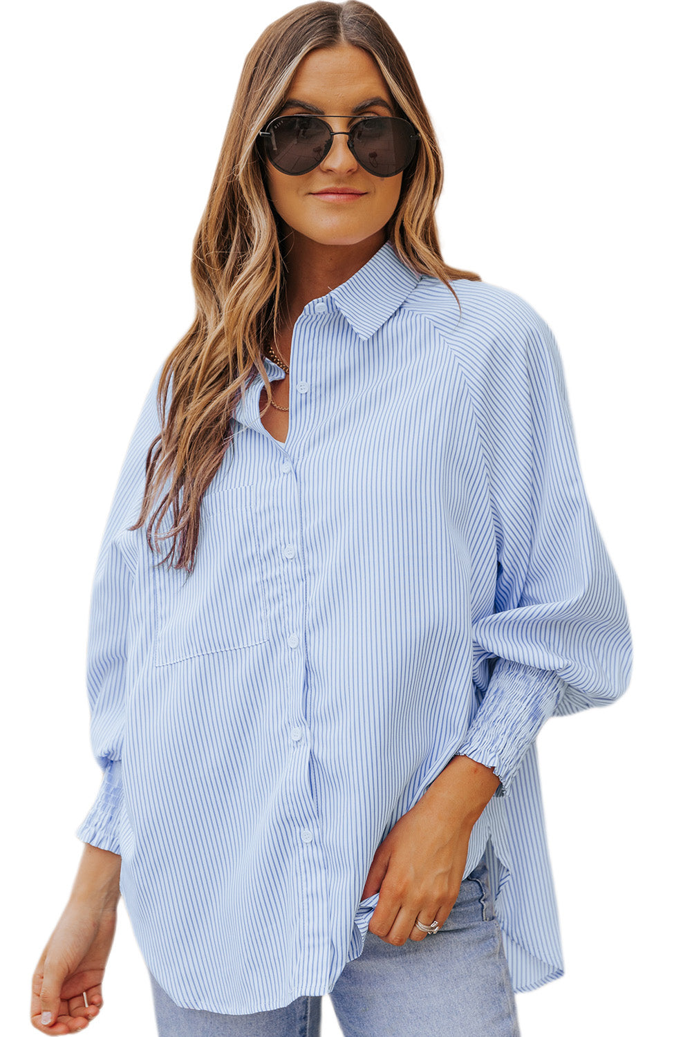 Light Blue Striped Casual Shirred Cuffs Shirt