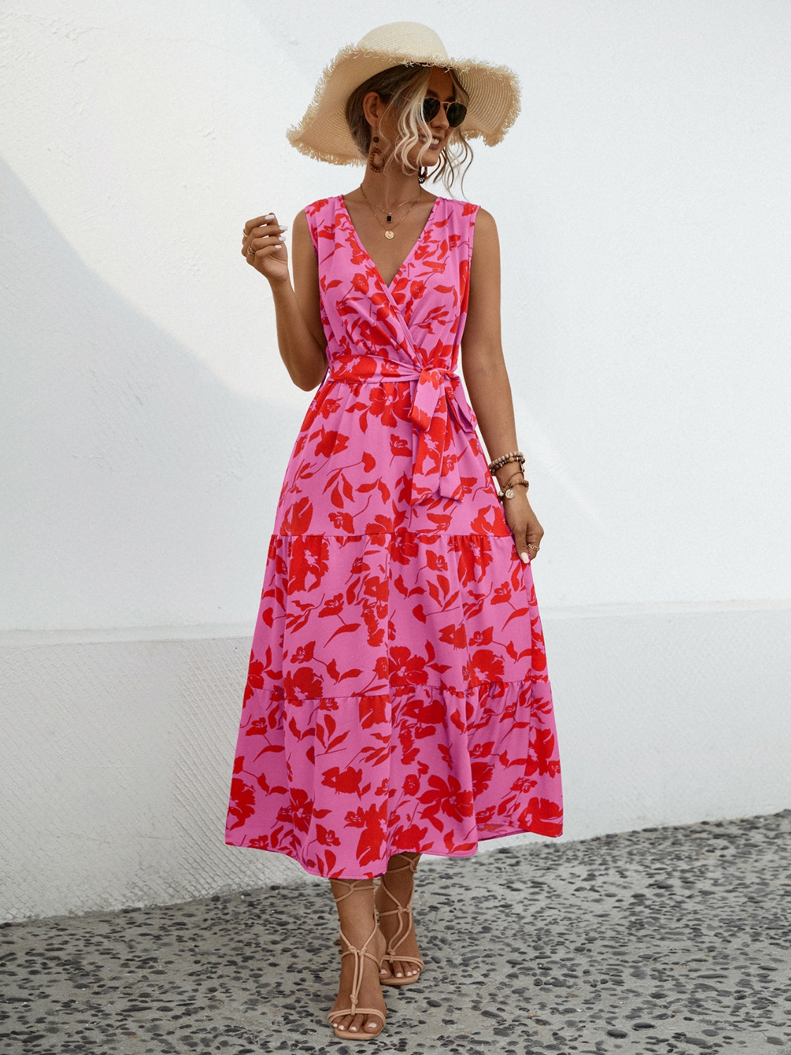 Tied Printed Surplice Tiered Dress  Shop One Place