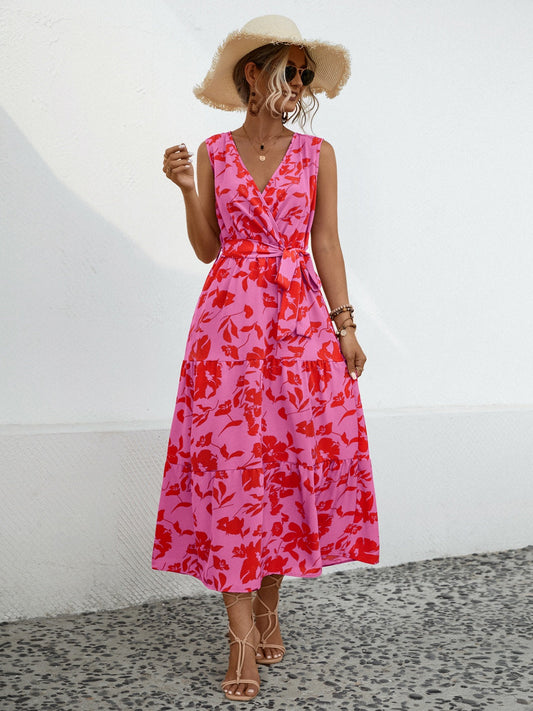 Tied Printed Surplice Tiered Dress  Shop One Place