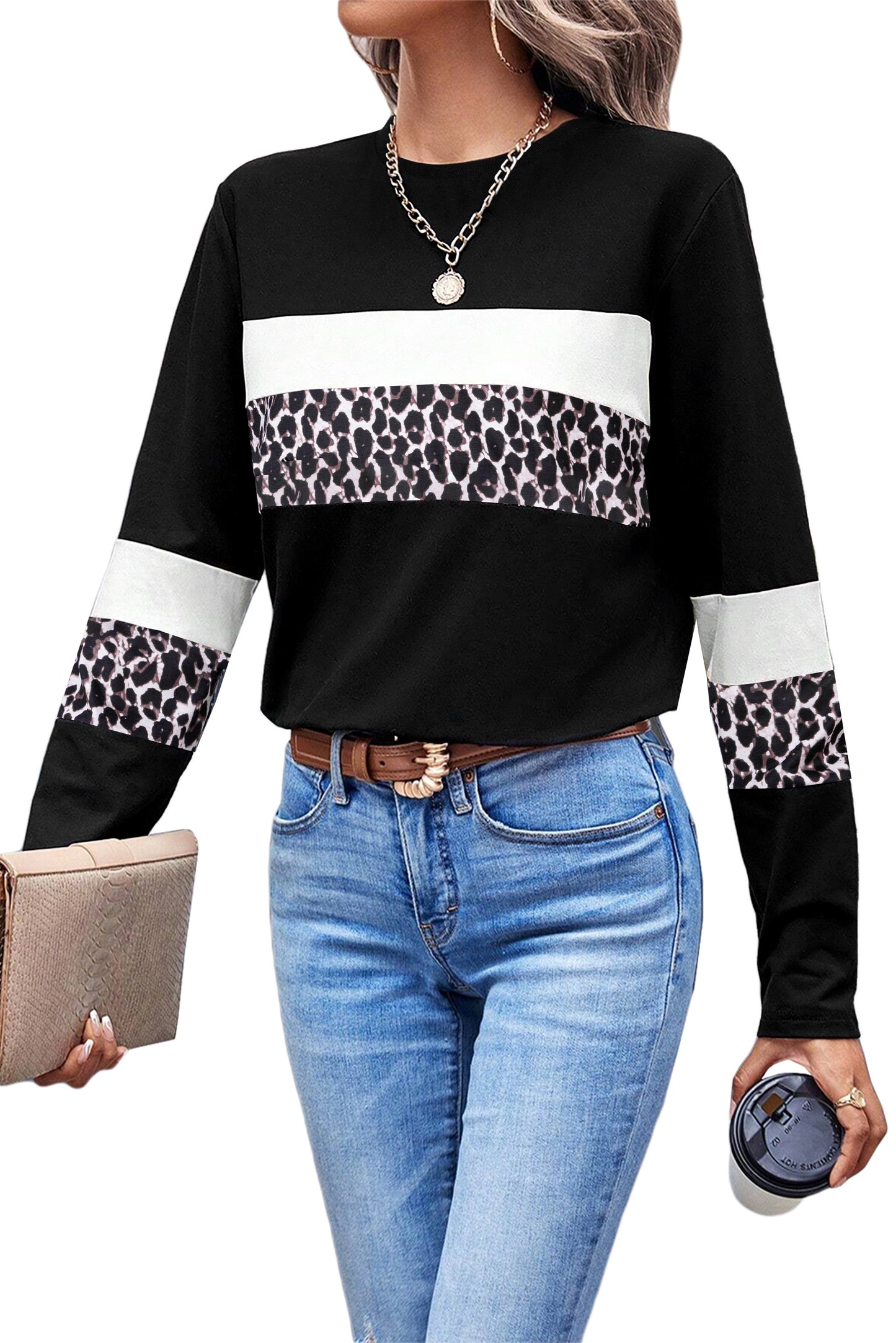 Khaki Leopard Colorblock Patchwork Crew Neck Top