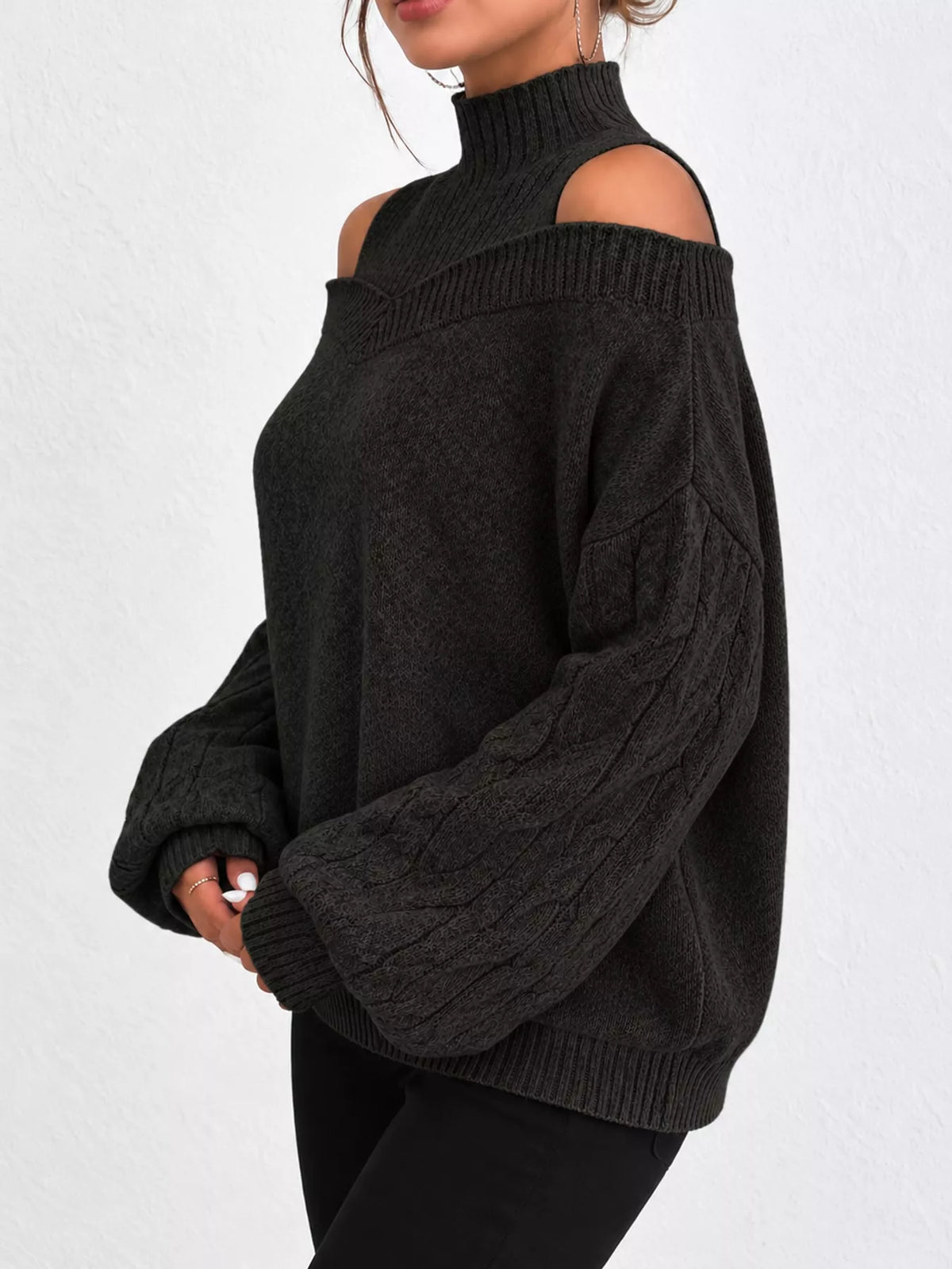 Women's Cold Shoulder Mock Neck Cable Knit Sweater – view 15