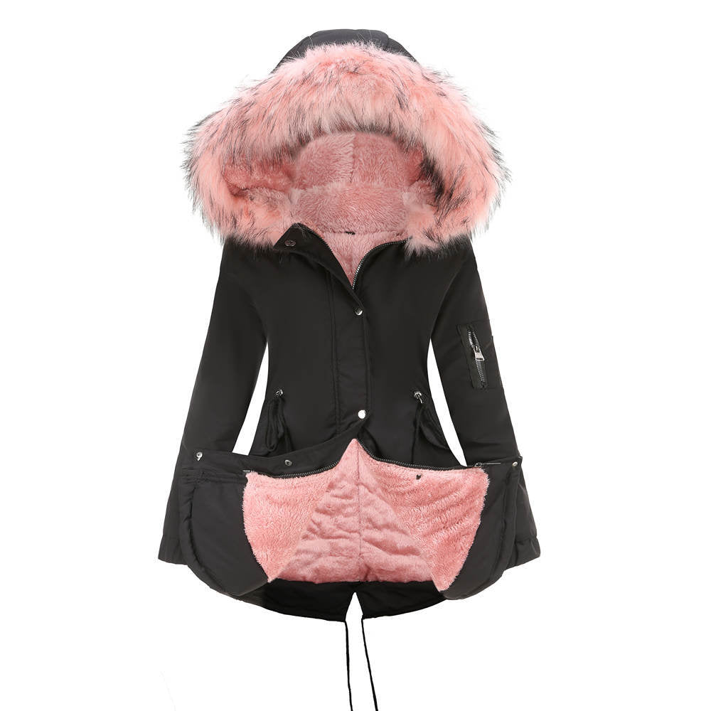 Big Fur Collar Mid-Length Hooded Winter Warm Fleece Overcoat