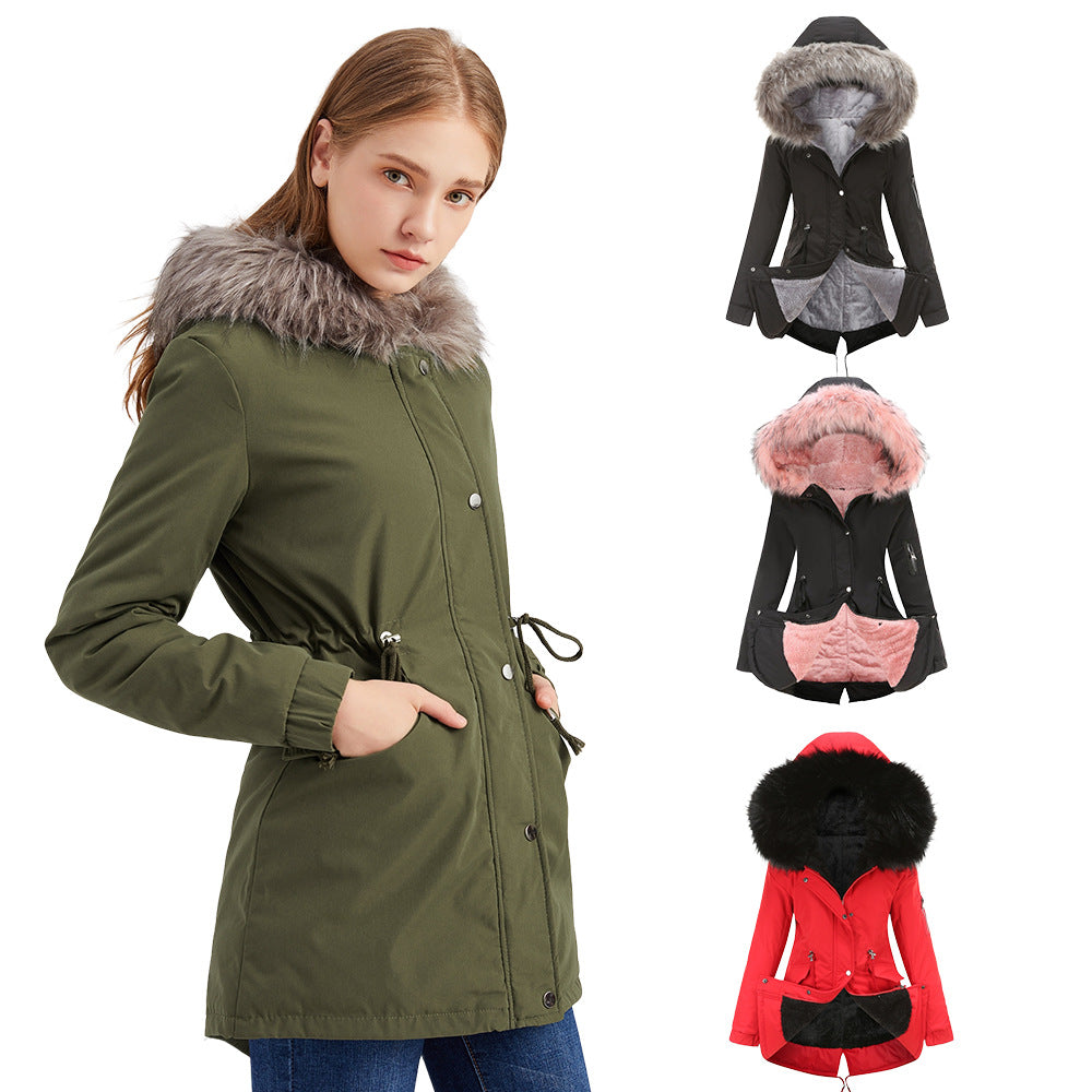 Big Fur Collar Mid-Length Hooded Winter Warm Fleece Overcoat