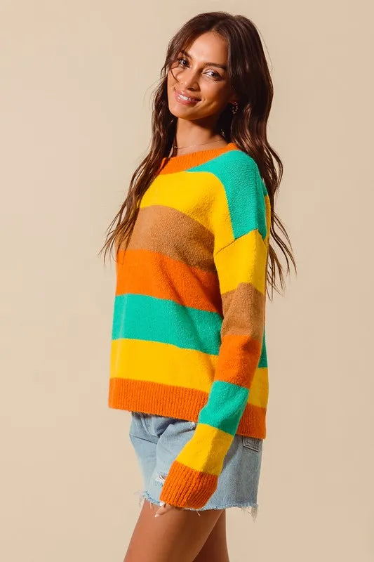 SO ME Multi Color Stripe Sweater with Ribbed Detail  Shop One Place