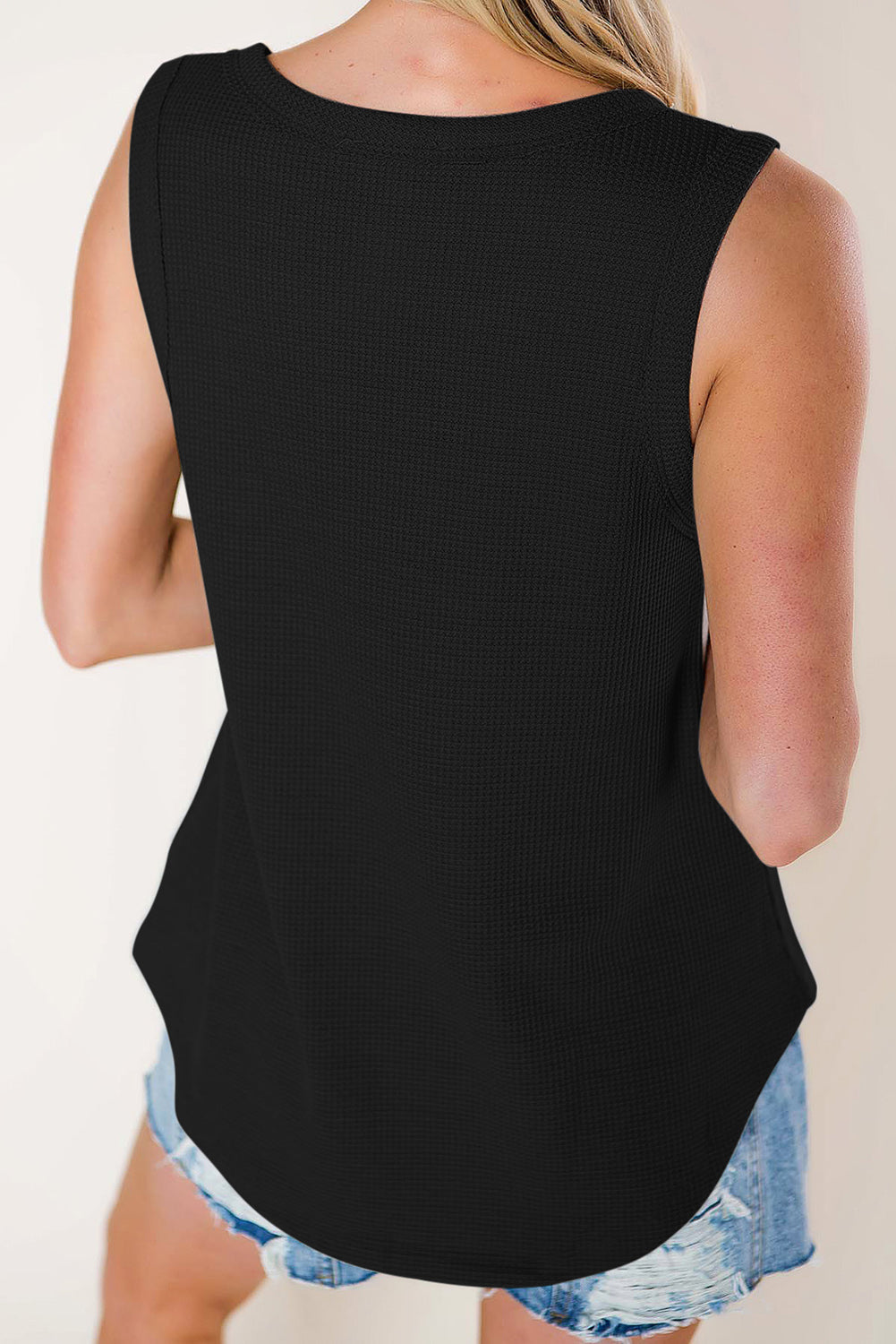 Black Basic Notched Neck Pocket Waffle Knit Tank Top