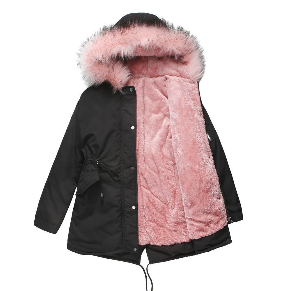 Big Fur Collar Mid-Length Hooded Winter Warm Fleece Overcoat