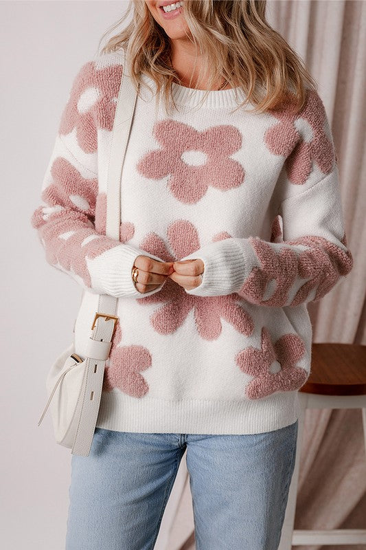 Women Flower Drop Shoulder Loose Sweater  Shop One Place