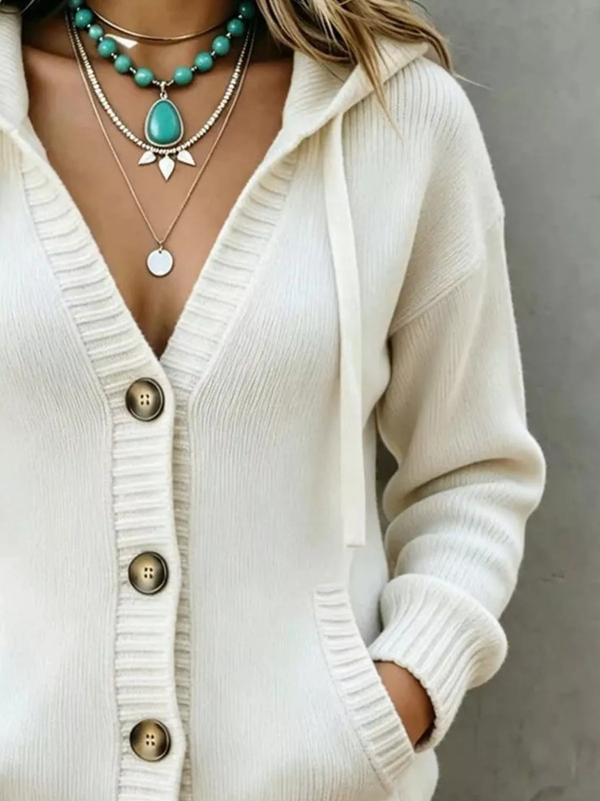 Hooded Button-Down Knit Cardigan with Pockets in Multicolor