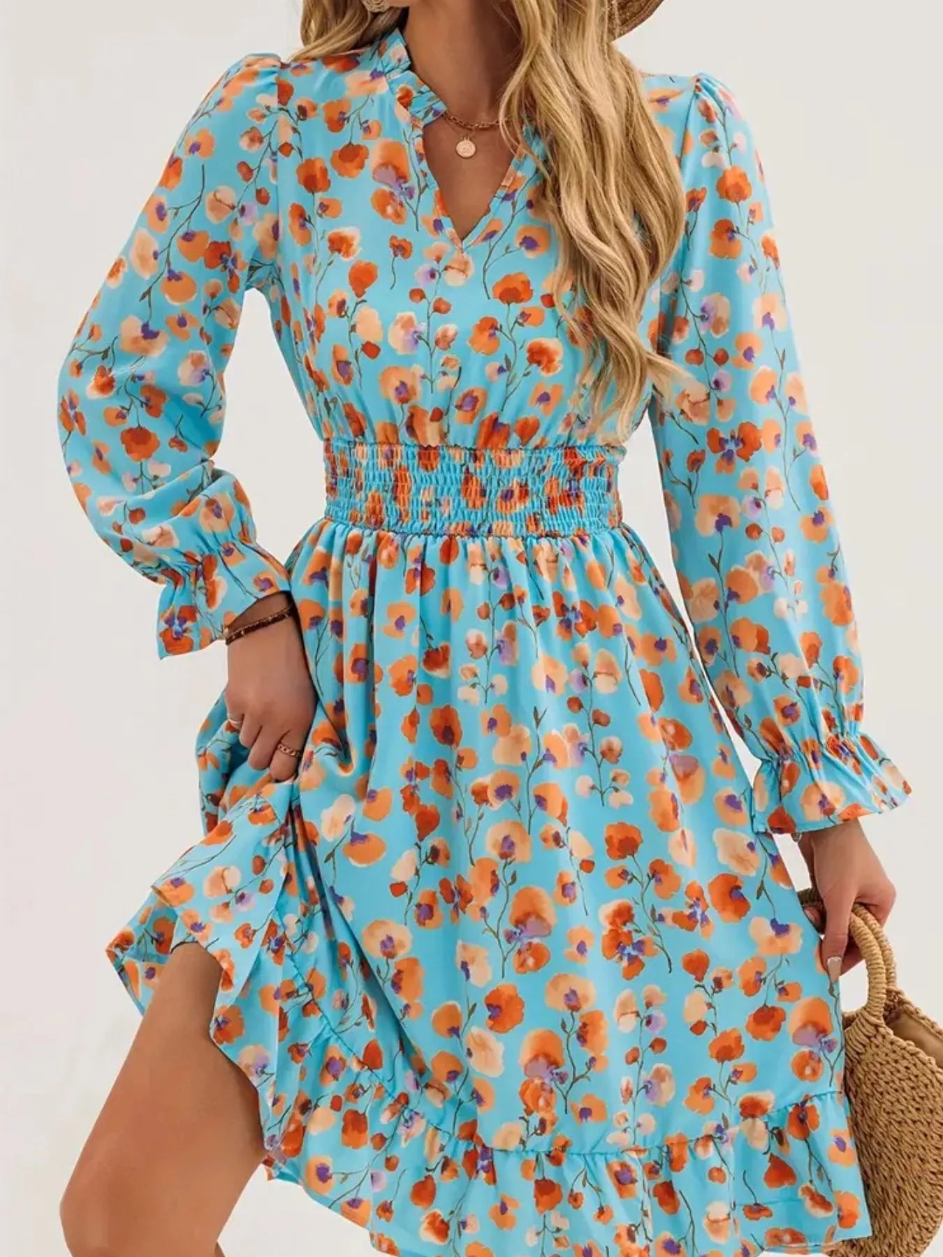 Floral Notched Flounce Sleeve Dress  Shop One Place
