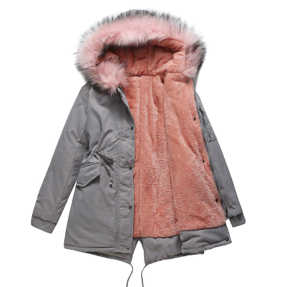 Big Fur Collar Mid-Length Hooded Winter Warm Fleece Overcoat