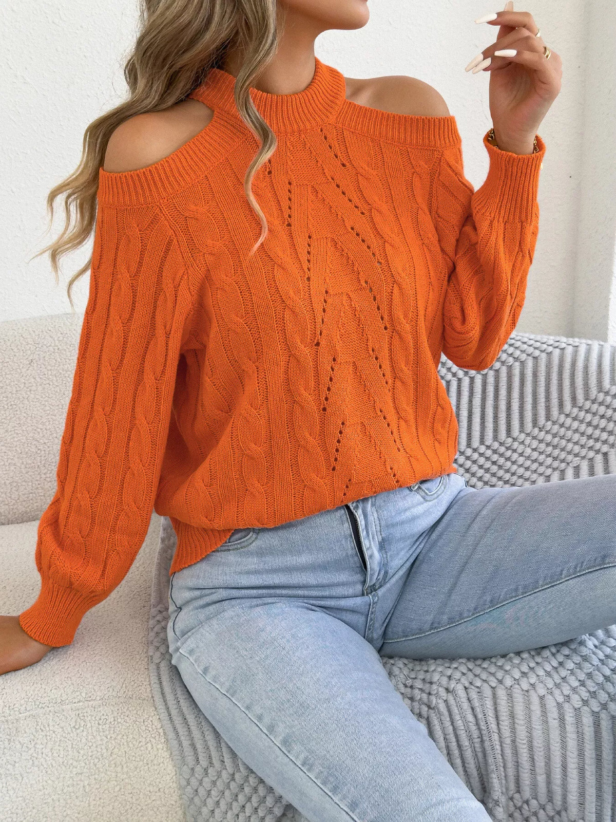 Women's Cold Shoulder Cable Knit Sweater