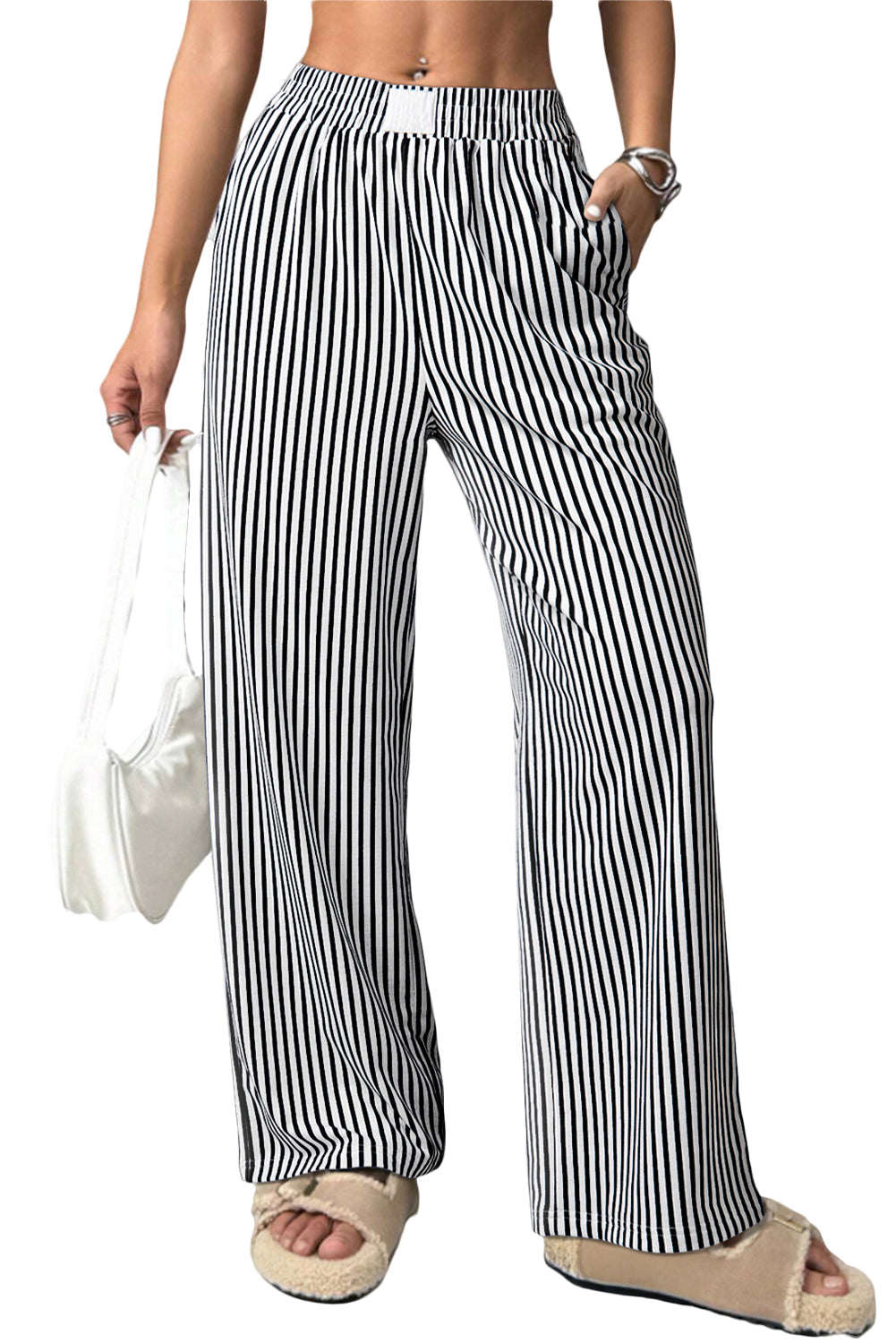Black Striped Elastic Waistband Pocketed Loose Pants  Shop One Place
