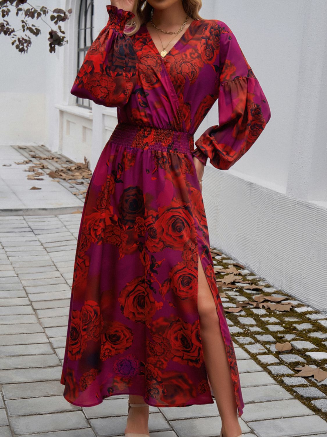 Split Printed Surplice Long Sleeve Floral Midi Dress