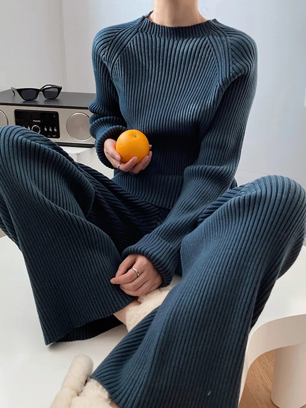 Mock Neck Raglan Sleeve Top and Pants Sweater Set  Shop One Place