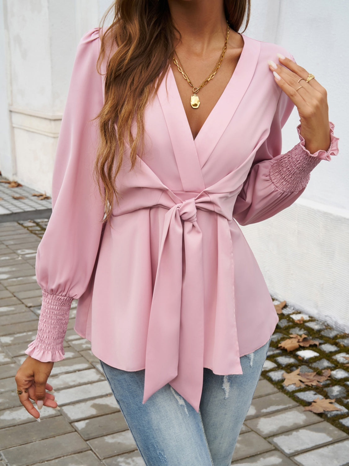 Smocked Surplice Long Sleeve Blouse