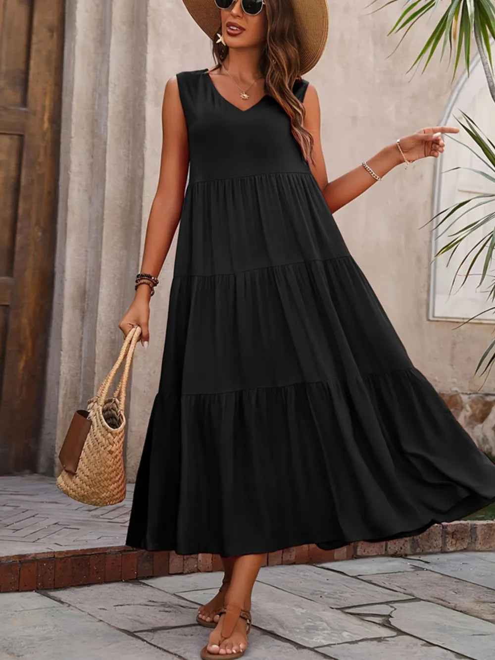 Tiered V-Neck Sleeveless Dress  Shop One Place