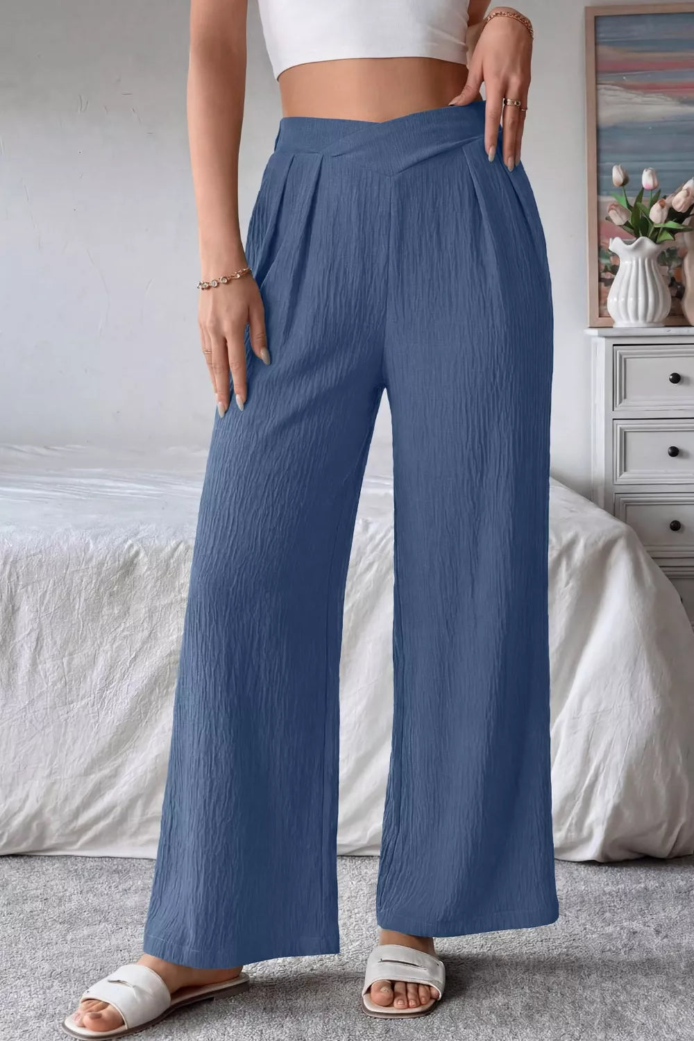 Solid Color Textured Crossed Waist Loose Pants  Shop One Place