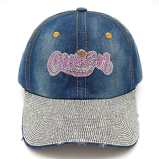 QUEEN Bling Rhinestone Patch Baseball Cap Denim  Shop One Place