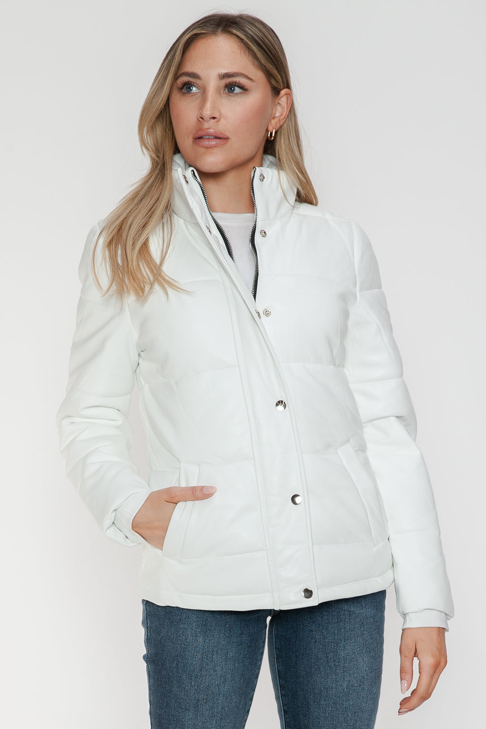 White YMI Pocketed Zip Up Turtleneck Puffer Jacket