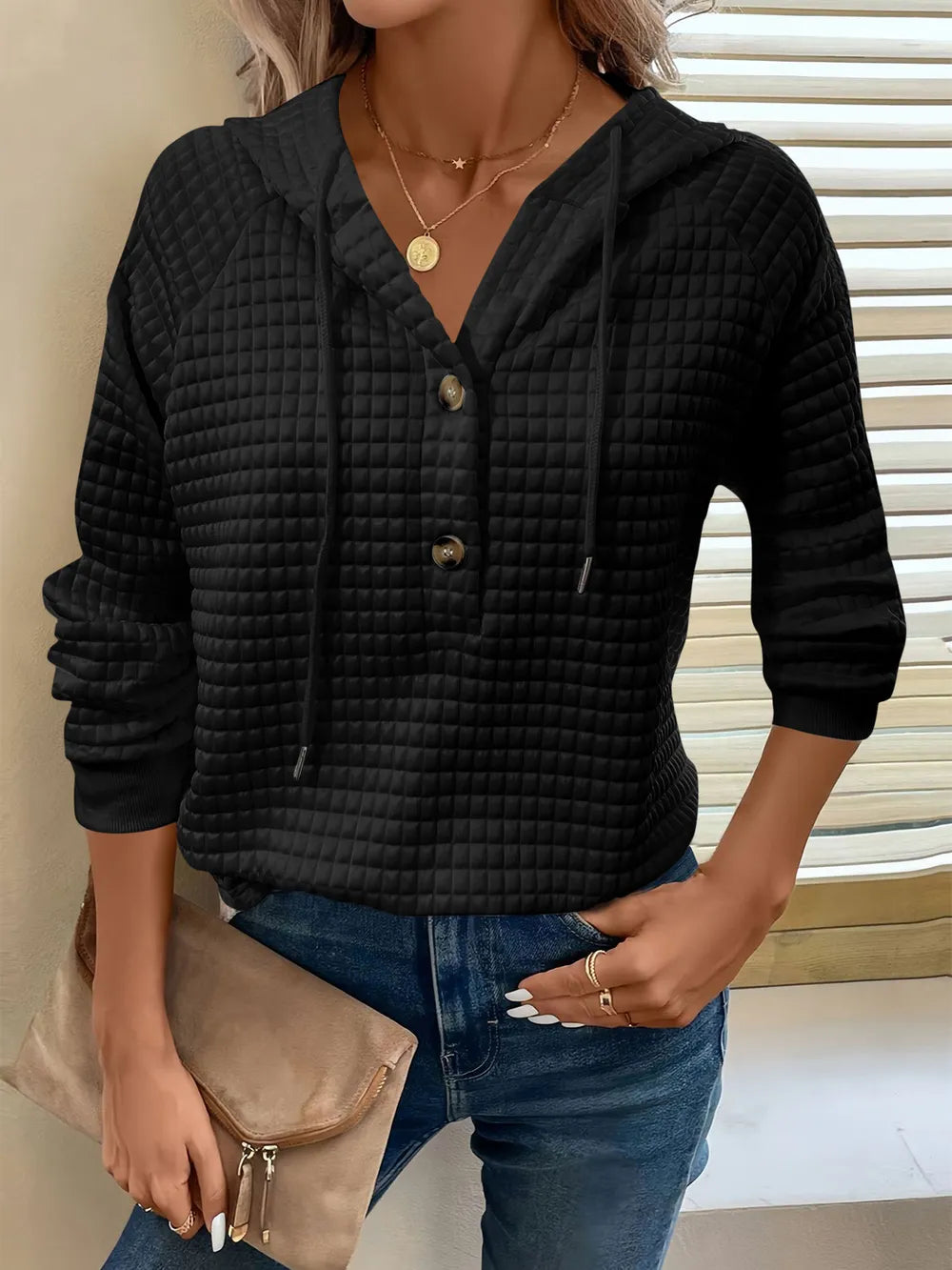 Full Size Texture Button Detail Drawstring Long Sleeve Hoodie  Shop One Place