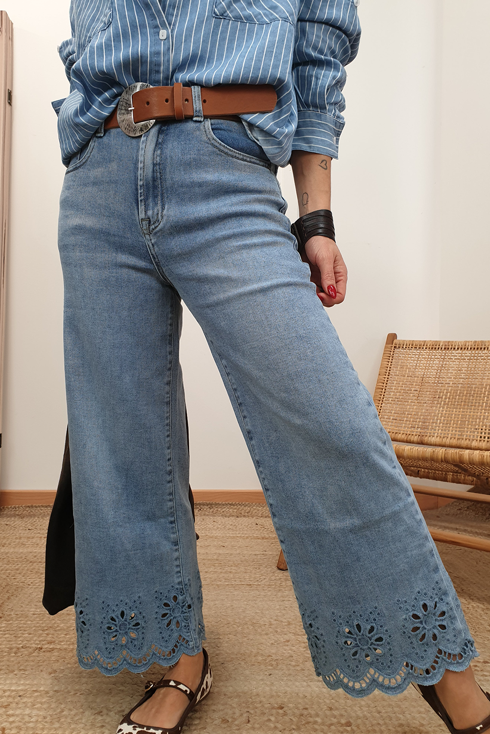 Dusk Blue Embroidered Cropped Wide Leg High Waist Jeans  Shop One Place