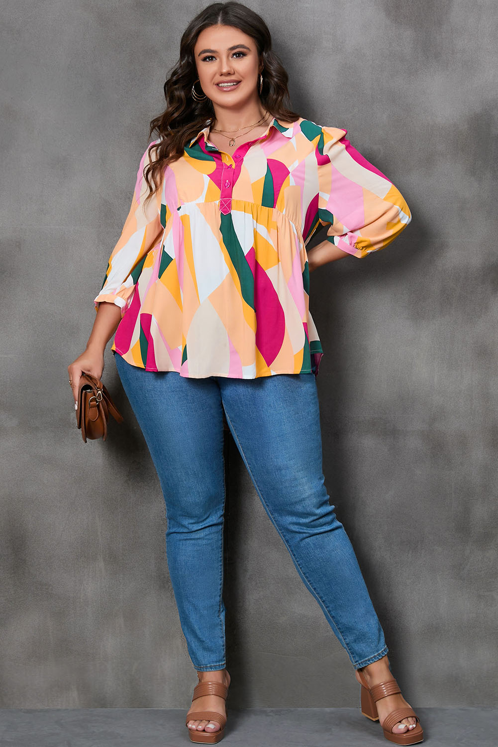 Ginger Plus Size Geometric Print Bracelet Sleeve Flowy Blouse