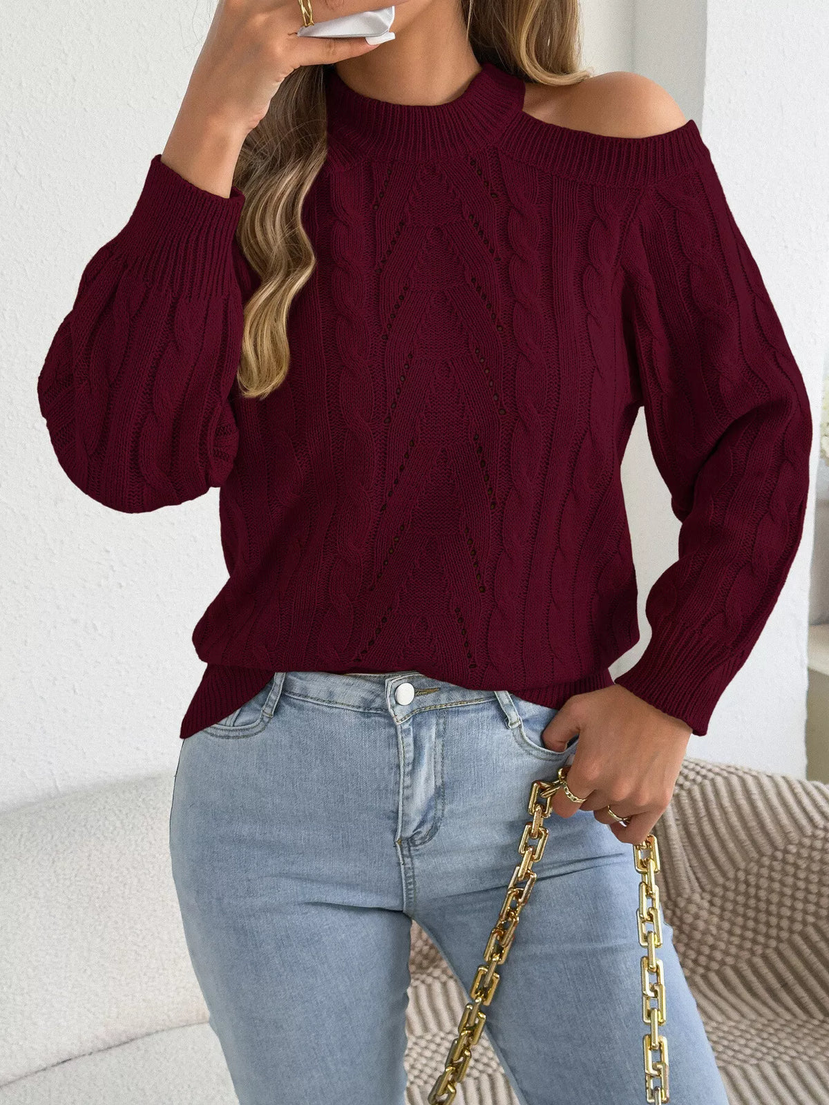 Women's Cold Shoulder Cable Knit Sweater – view 18