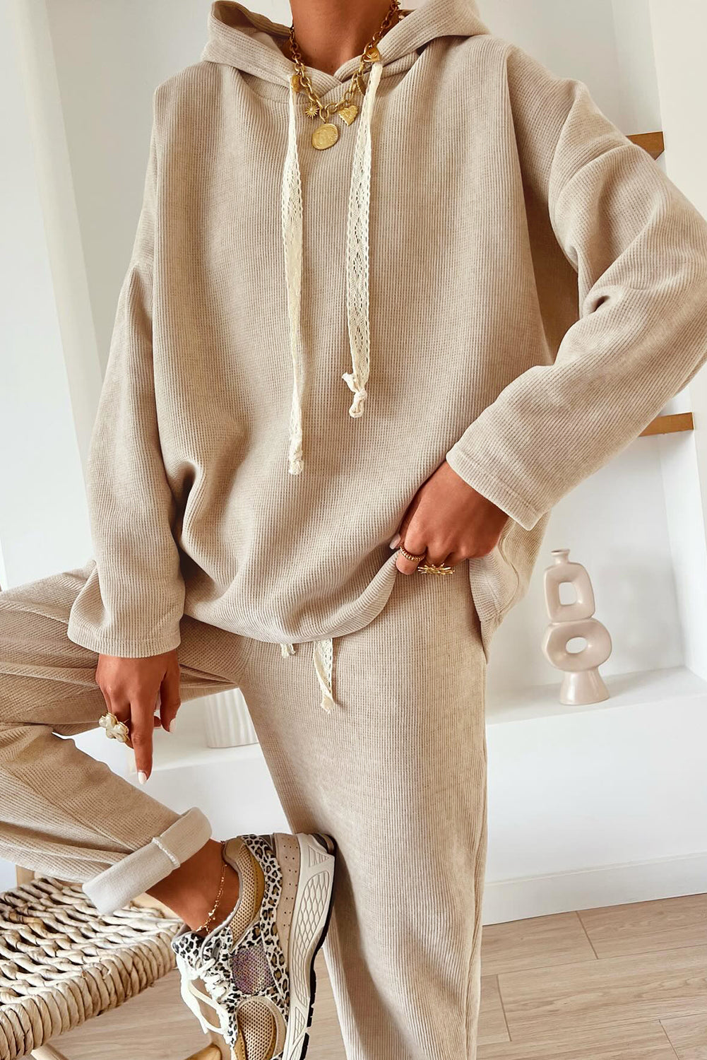 Jet Stream Drawstring Pullover Hoodie and High Waist Pants Corduroy Suit  Shop One Place