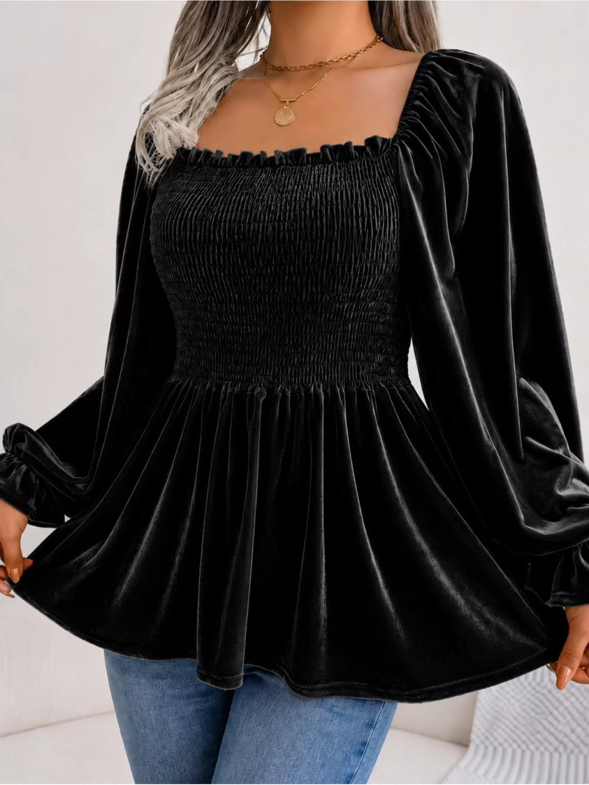 Women's Velvet Smocked Peplum Blouse – view 7