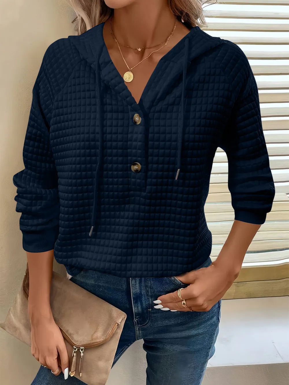 Full Size Texture Button Detail Drawstring Long Sleeve Hoodie  Shop One Place