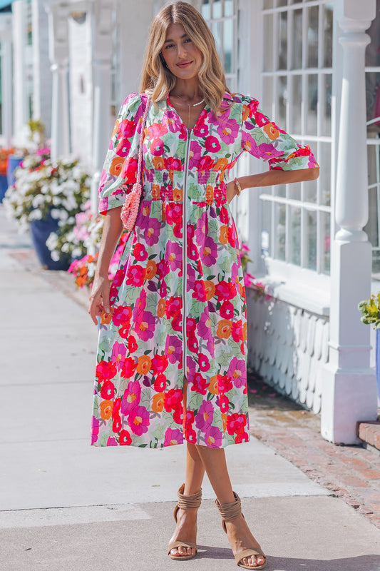 Floral Print Zip-Up Dress – Women’s V-Neck Smocked Waist Puffy Sleeve A-Line Dress in Rose  Shop One Place