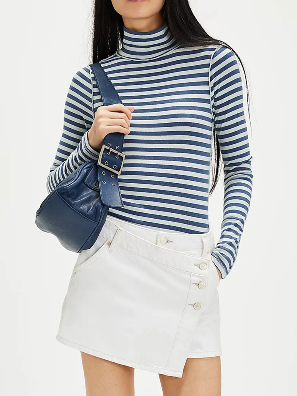 Exposed Seam Striped Turtleneck Long Sleeve T-Shirt  Shop One Place