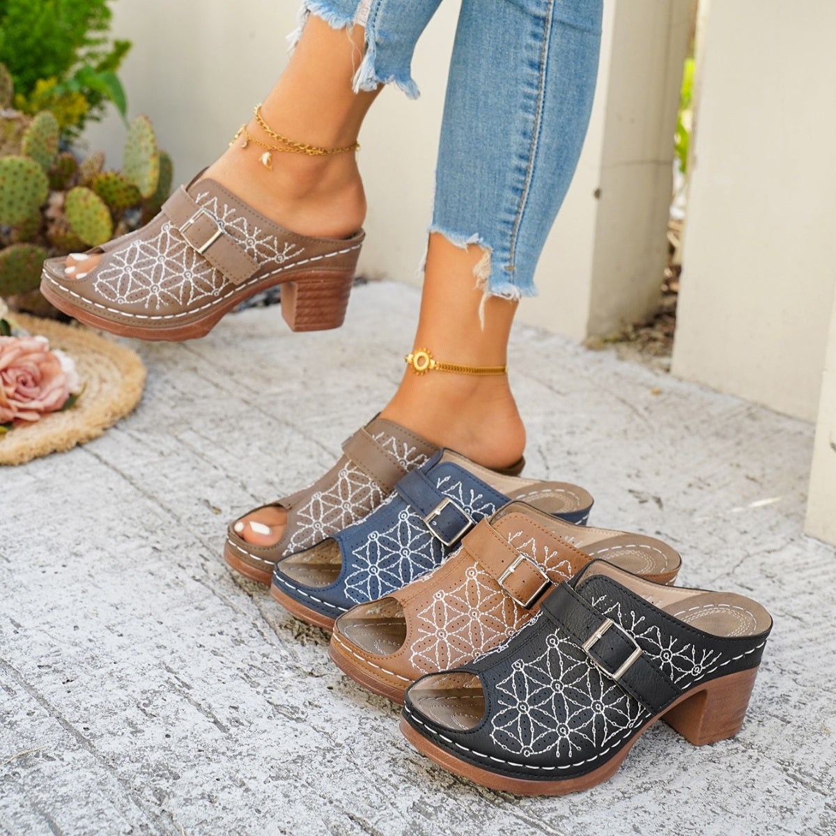 Buckle Decor Block Heel Sandals  Shop One Place