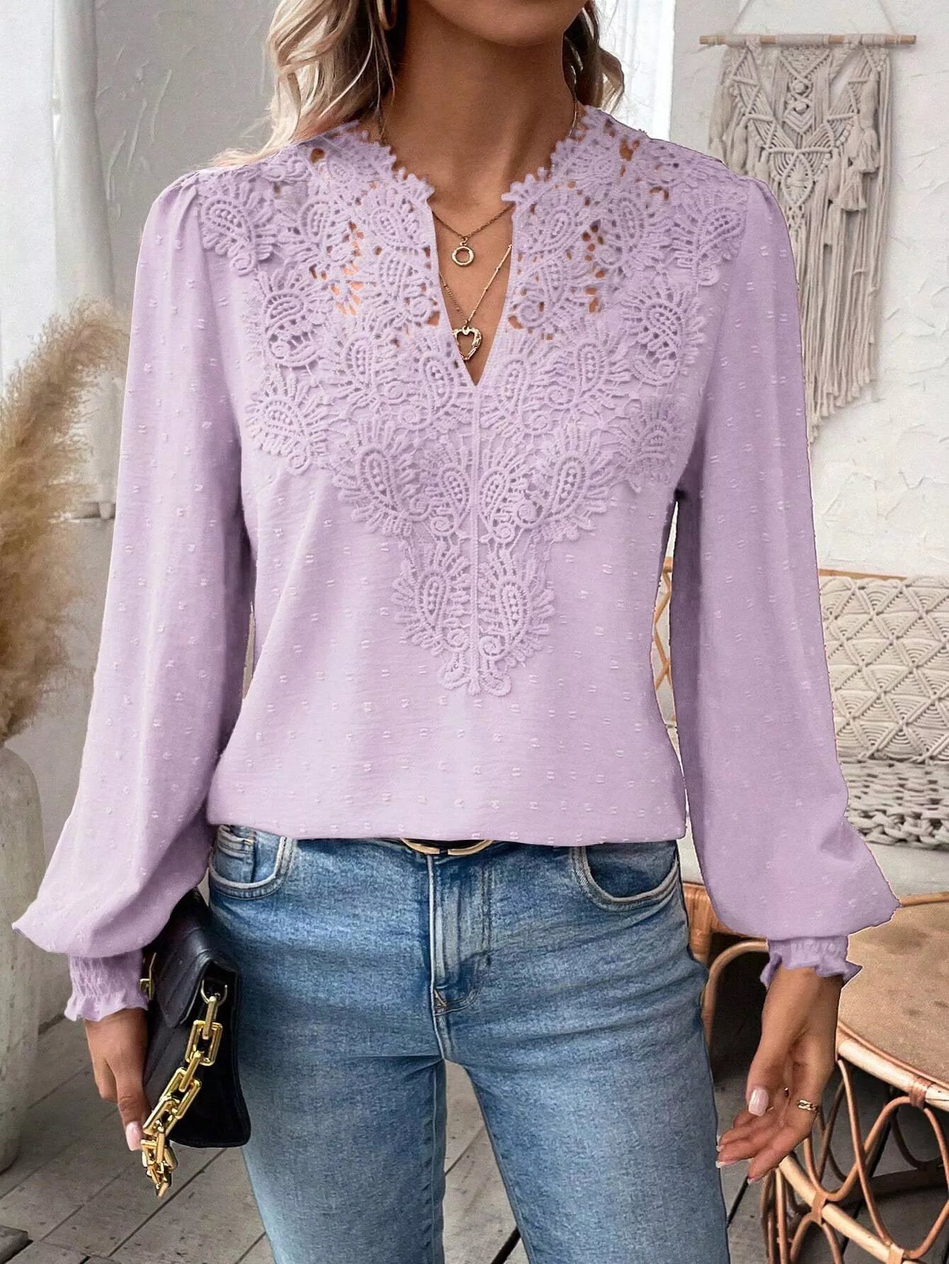 Swiss Dot Lace Detail Long Sleeve Blouse  Shop One Place