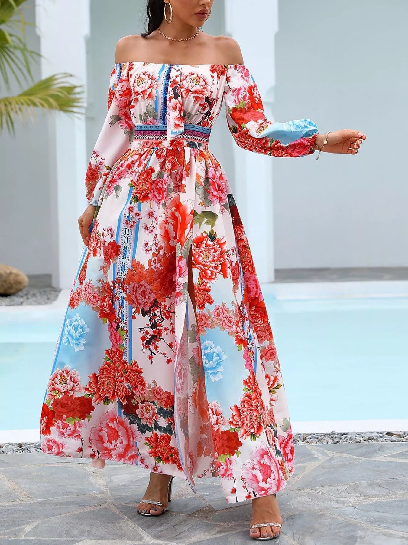Slit Printed Off Shoulder Maxi Dress  Shop One Place