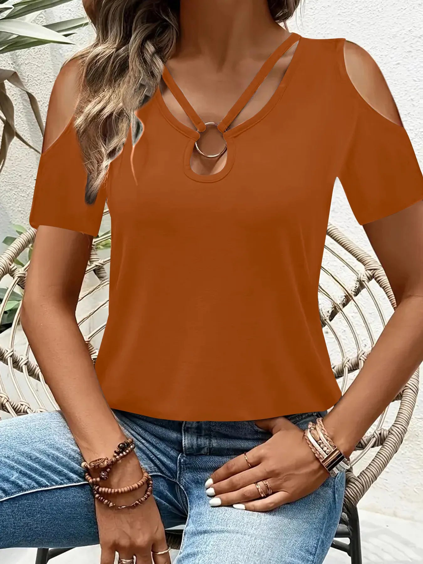 Cold Shoulder T-Shirt with Metal Ring Detail  Shop One Place